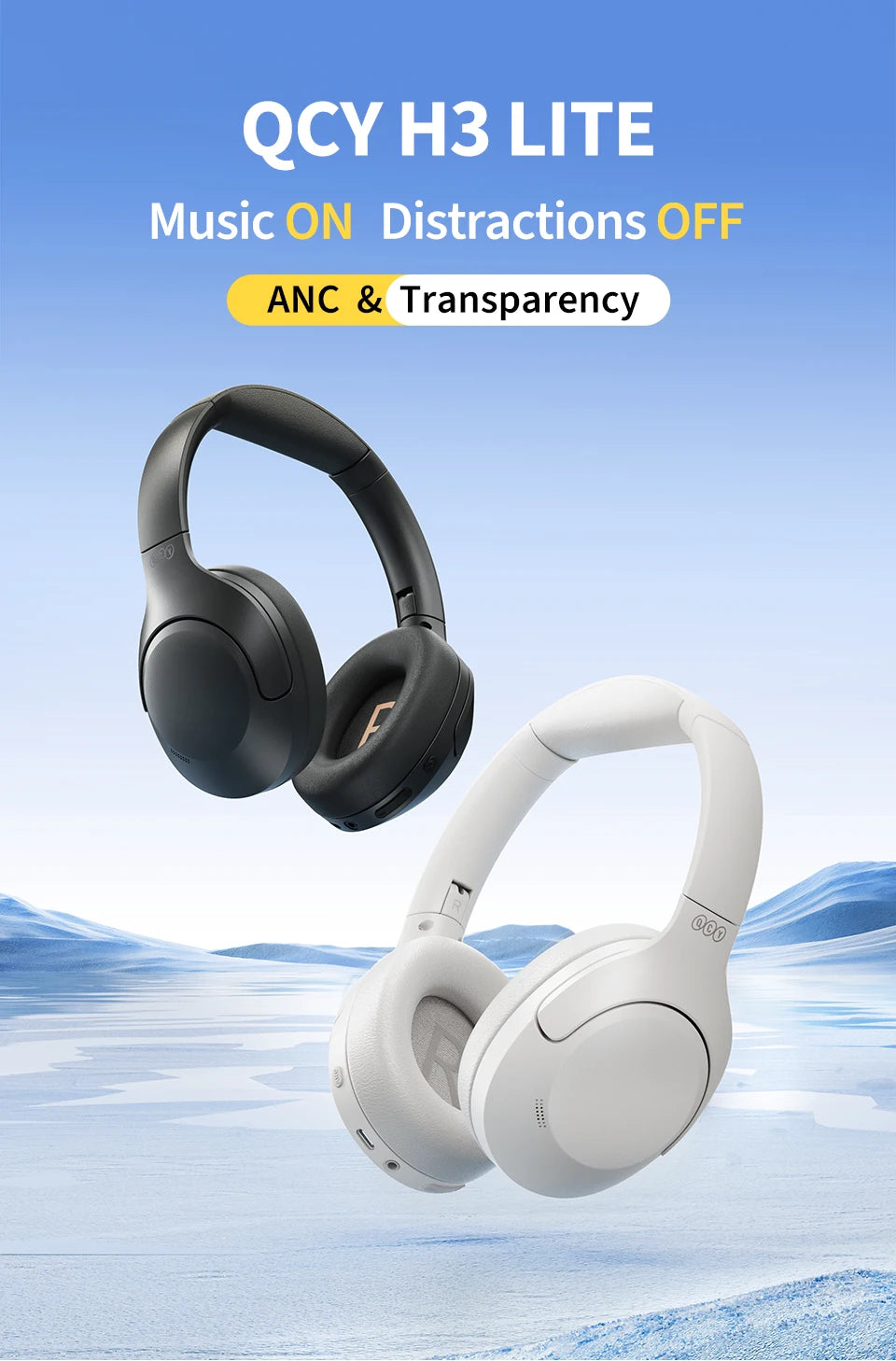 QCY H3 Lite ANC Wireless/Wired Headphones Bluetooth 5.3 Foldable Over Ear Headset HIFI Sound 60H Playtime Earphones Dual Connect