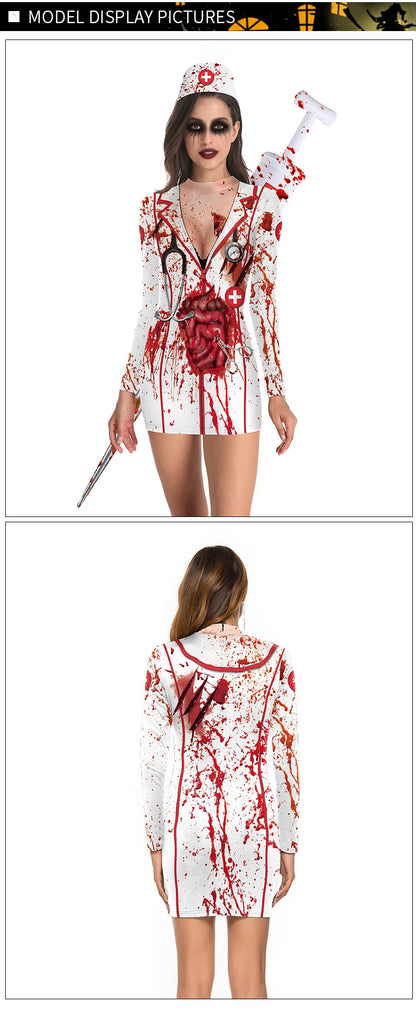 Women's Halloween Costume Dress Cosplay Nurse Costume Uniform Party Sexy Tight Skirt Dress For Female Skeleton Party Carnival