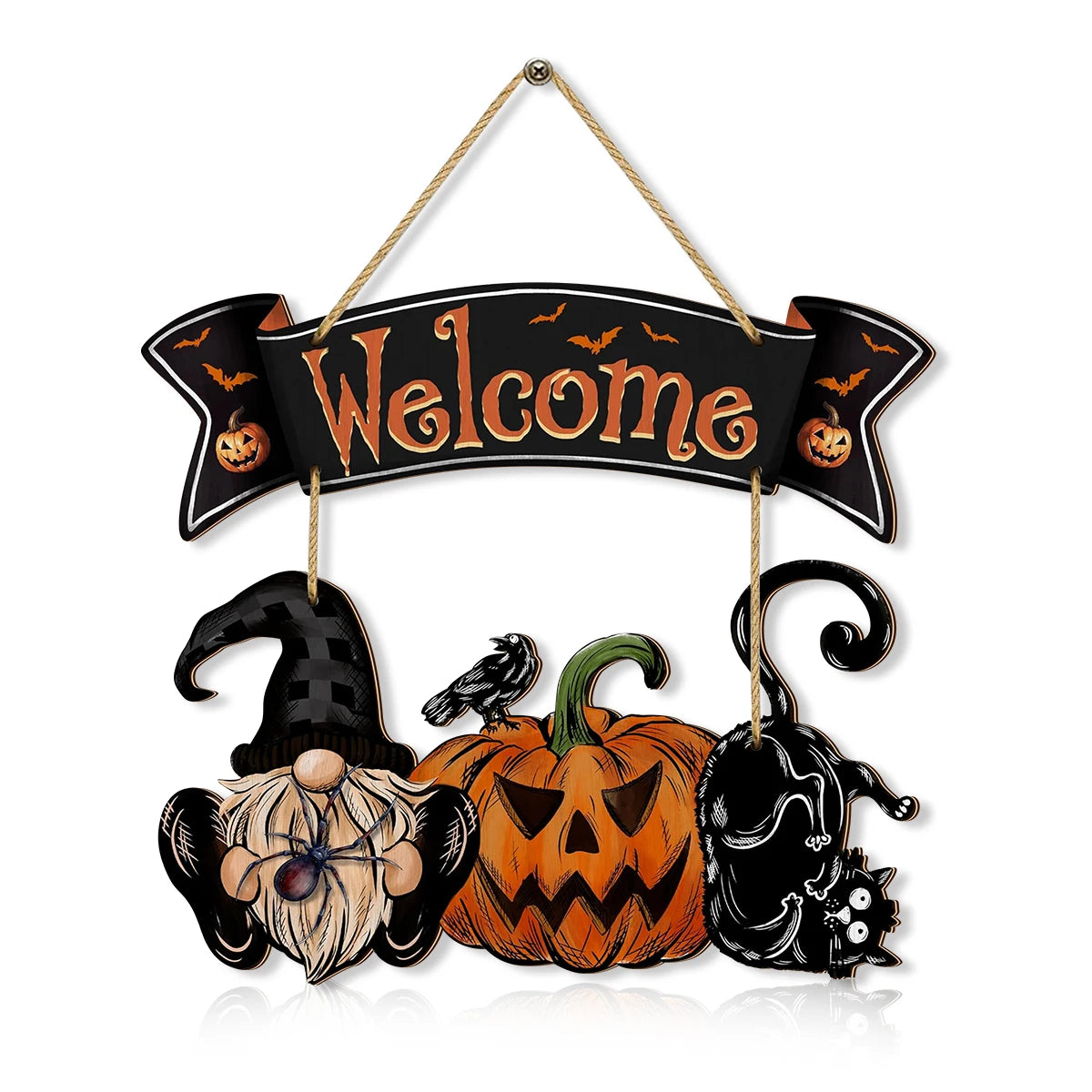 Halloween Welcome Sign Decor with Gnome, Pumpkin, Black Cat and Bats - Festive Door Hanger