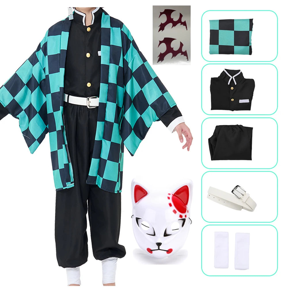 Anime Demon Slayer Kamado Tanjirou Cosplay Costume Kimetsu No Yaiba Cartoon Costume Sutis Wigs Halloween For Kids Adult CosParty