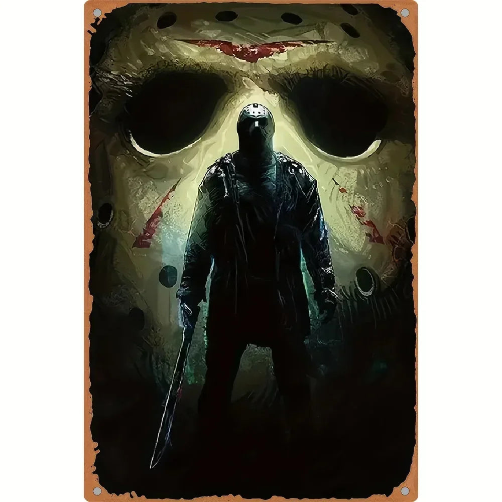 1PC Halloween Metal Sign Horror Movie Theme Shabby Iron Painting Tin Signs Wall Art Man Cave Film Theater Club Home Decoration