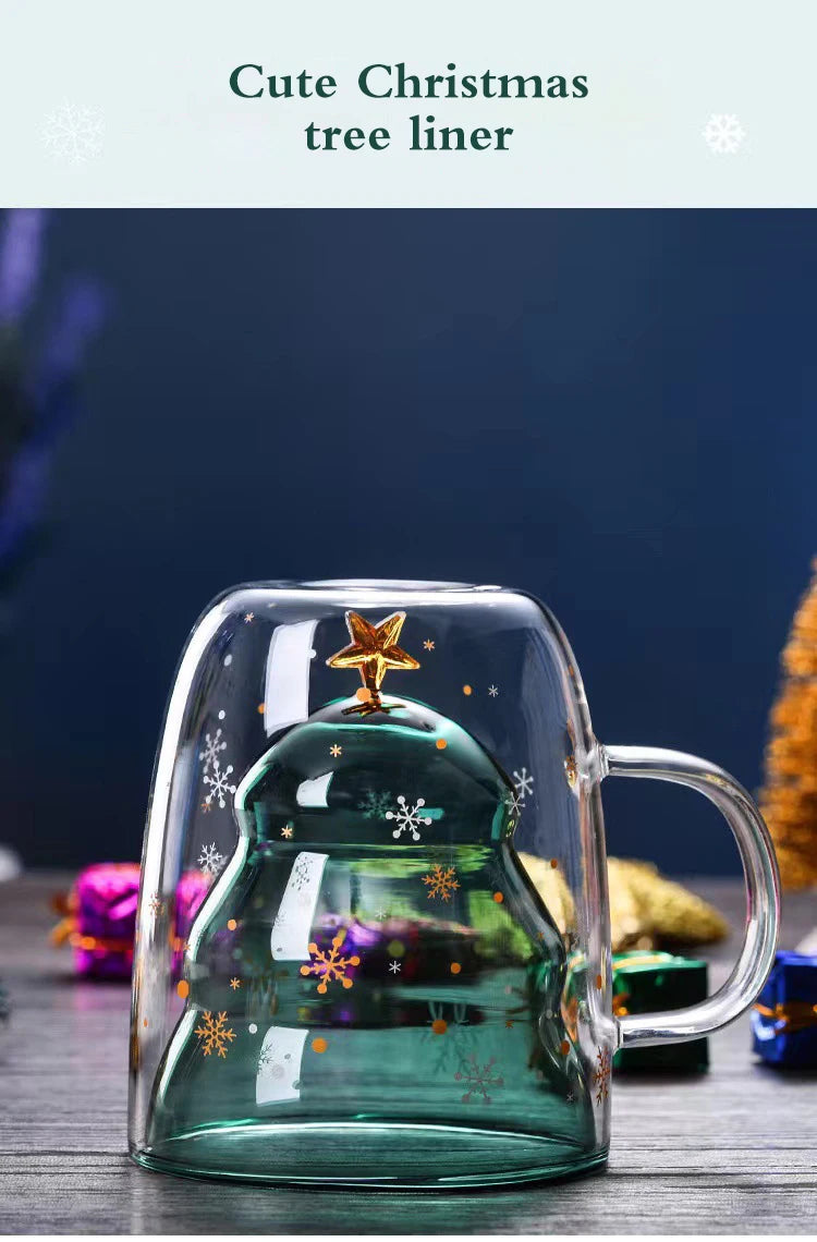 Christmas Tree Cup Transparent Double Heat Resistant Creative Couples Mug Snowflake Drinking Glass Children's Gift Coffee Cups