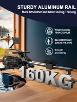 Fysiq Home Rowing Machine, Made of High-Quality Wood, 28L Extra-Large Water Tank, 50% Increased Resistance, Bluetooth Display, Maximum User Height 200cm