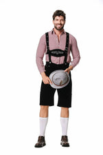 M-XXL Men Bavarian Oktoberfest Lederhosen Costume for Cosplay German Beer Festivals Suspenders Rompers Shirt Hat Set Outfit