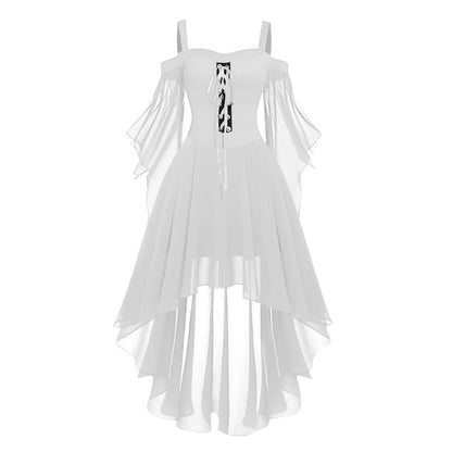 Halloween Witch Cosplay Costumes Women Casual Plus Size Cold Shoulder Dress Solid Color Chiffon Butterfly Sleeve Gothic Dress