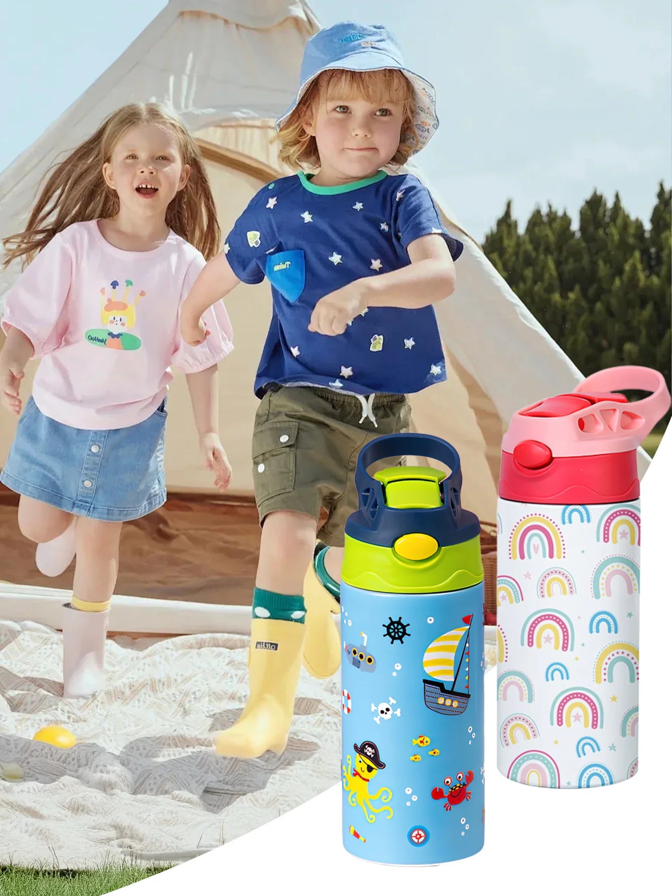 12OZ/350ml Cartoon Pattern Thermos Cup Stainless Steel Insulated Bottle Children Thermos Kettle Outdoor Portable Handheld Cup
