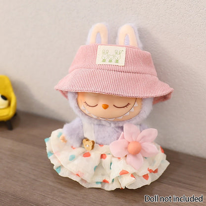 For 17cm Labubu Doll Outfit Wrinkled Skirt Flower Hairpin Set Fisherman Hat Labubu Clothes Ropa Labubu