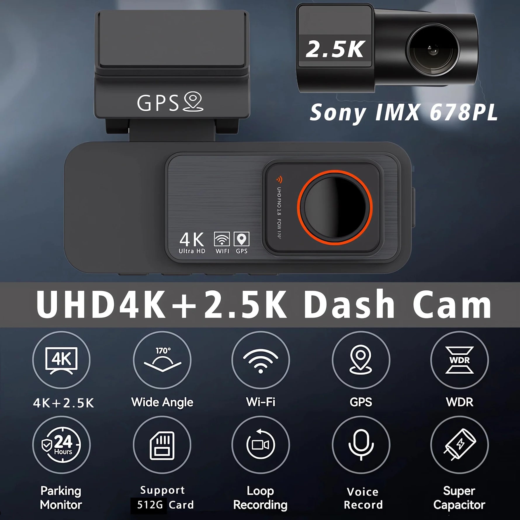 Dash Cam Dual Lens 4K UHD Recording Car Camera DVR Night Vision Video Recorder GPS Wi-Fi Room Black Box 2.5K Rear View Camera