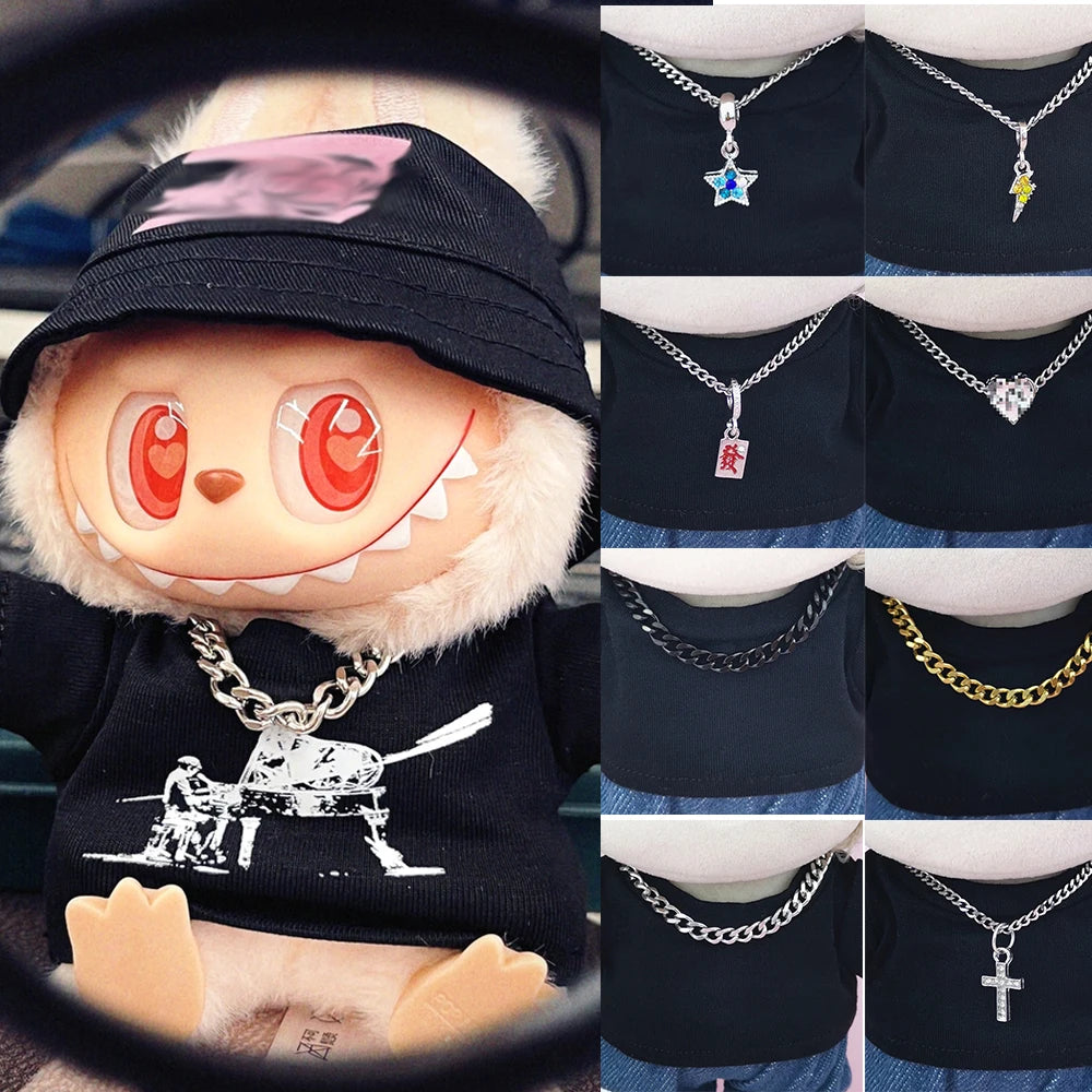 for 17CM Labubu Doll Accessories Mini Diy Hearts Shape Necklace Dress Up Plush Toy Cross Necklace Dollhouse Hanging Neck Pendant