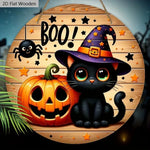 2D Halloween Circular Wooden Sign - Wizard Hat Black Cat and Pumpkin Lantern Pattern, Home, Courtyard, Porch Decoration, Gifts