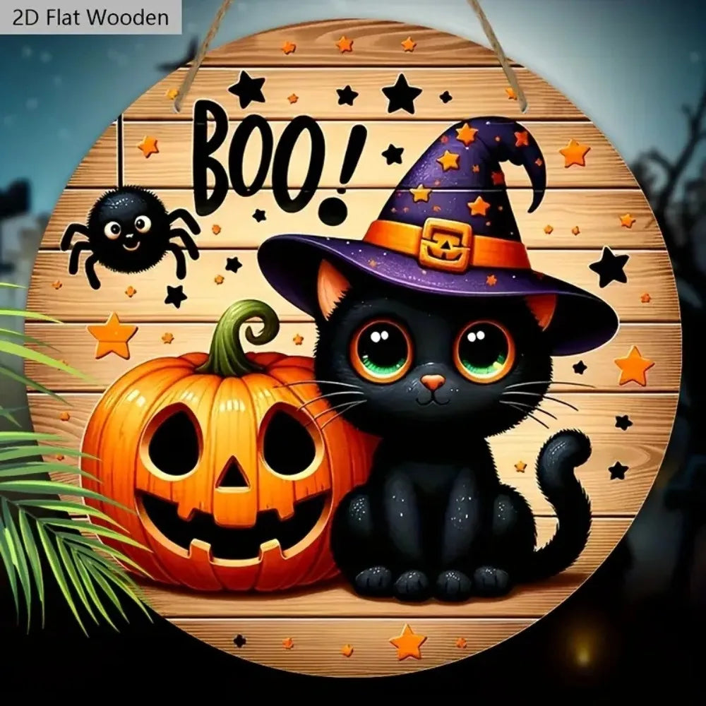 2D Halloween Circular Wooden Sign - Wizard Hat Black Cat and Pumpkin Lantern Pattern, Home, Courtyard, Porch Decoration, Gifts