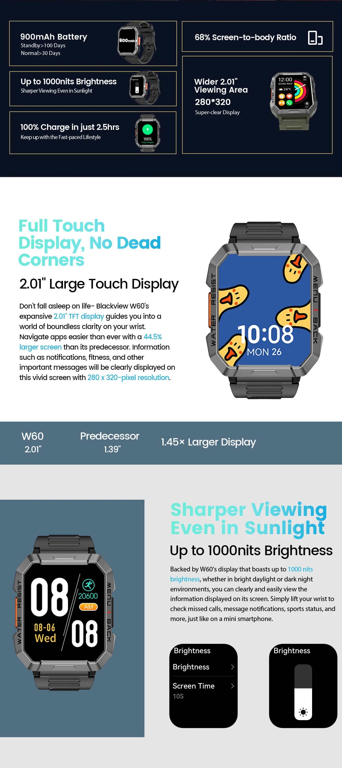Blackview W60 2024 New Smartwatch 2.01'' HD Display TFT Rugged Smart Watch for Outdoor With Emergency Lighting Bluetooth Calling