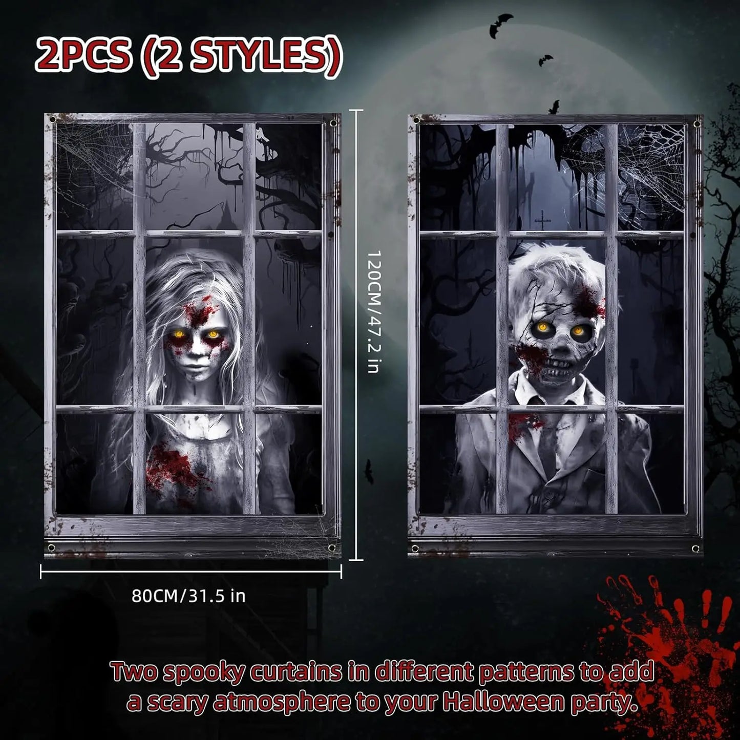 Halloween Ghost Curtains Decorations, 2 Pack, Window Silhouettes, Horror Little Girl and Boy Window Cover Indoor Decor（Kids