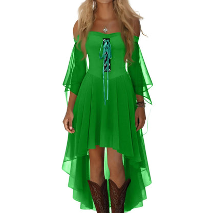 Halloween Witch Cosplay Costumes Women Casual Plus Size Cold Shoulder Dress Solid Color Chiffon Butterfly Sleeve Gothic Dress