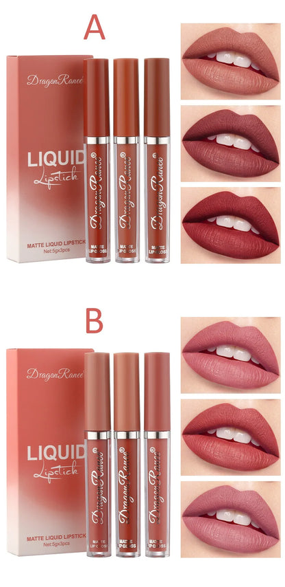 3Pcs/box Liquid Lipstick Set Matte Velvet Lip Gloss Set  Waterproof Liquid Lipstick Lip Non Stick Cup Lip Gloss Makeup