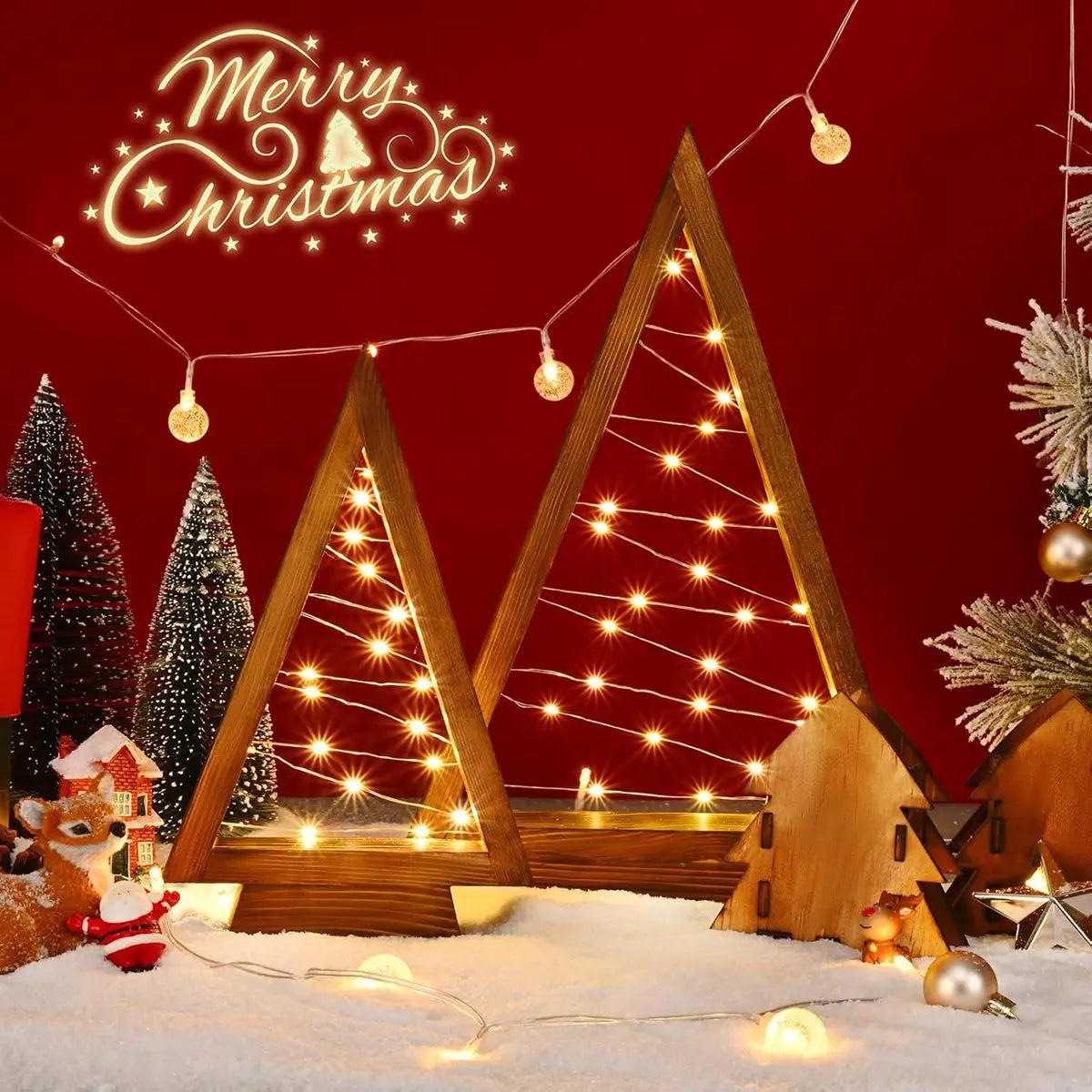 2Pcs/Set Wood Christmas Tree with Lights Modern Farmhouse Christmas Wooden Tree Centerpieces For Tables Christmas Holiday Decor