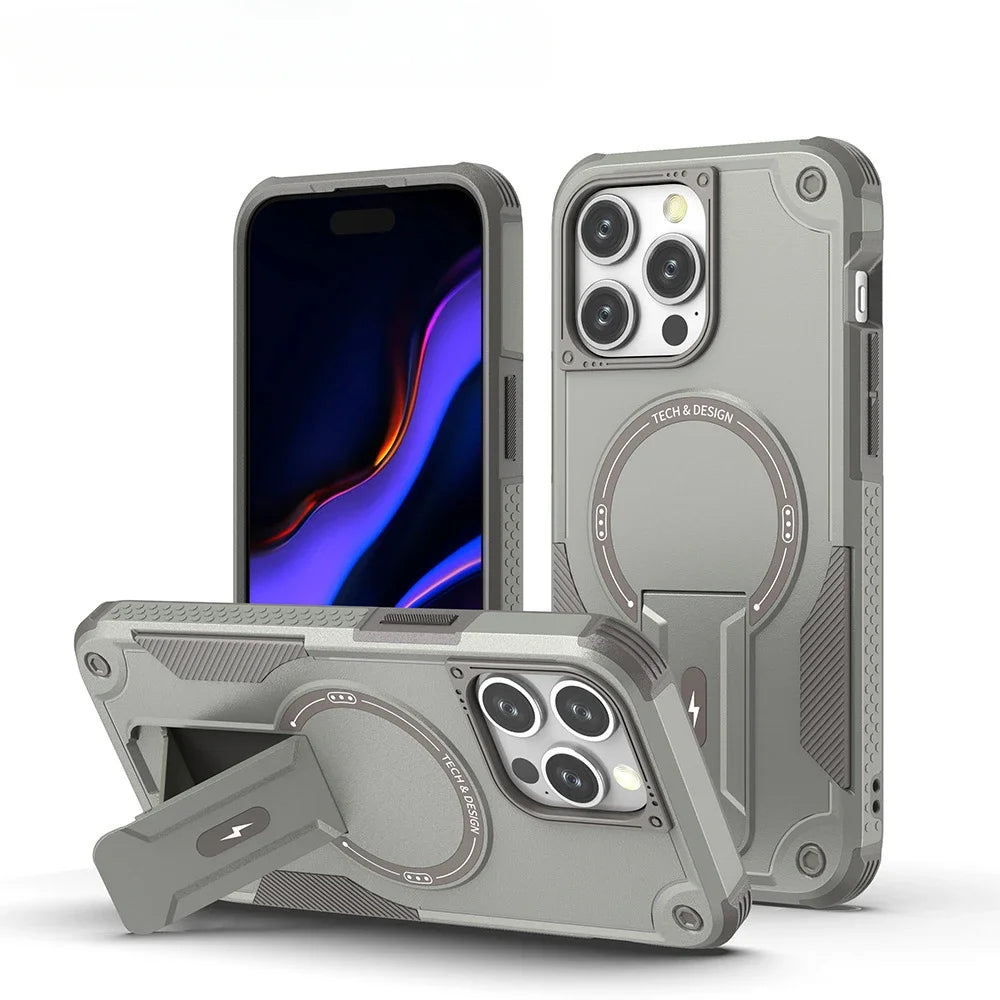 For MagSafe Magnetic Phone Case For iPhone 16 15 14 Plus 13 Pro Max Hidden Holder Stand Military Shockproof PC TPU Cover