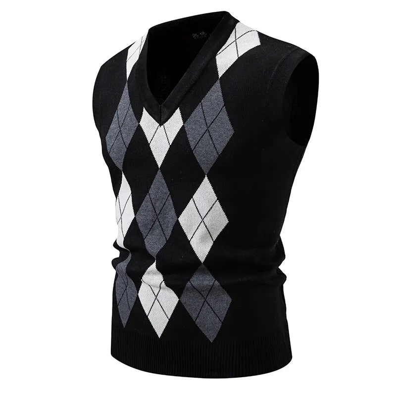 Men's Sleeveless Knit Vests Fashion Geometric Knitted Pullovers Men V-Neck Smart Casual Sweater Tank Tops Knitting Mens Clothing