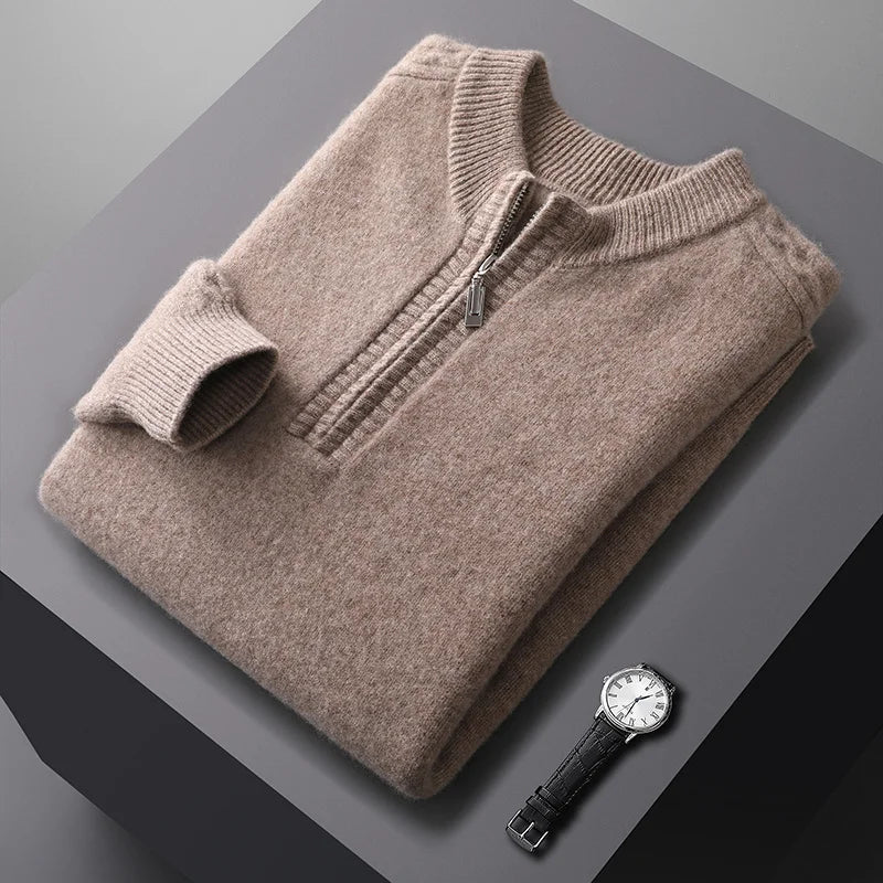 100% pure wool sweater round neck men's thick solid color long sleeved pullover sweater zipper wool knit winter cashmere sweater