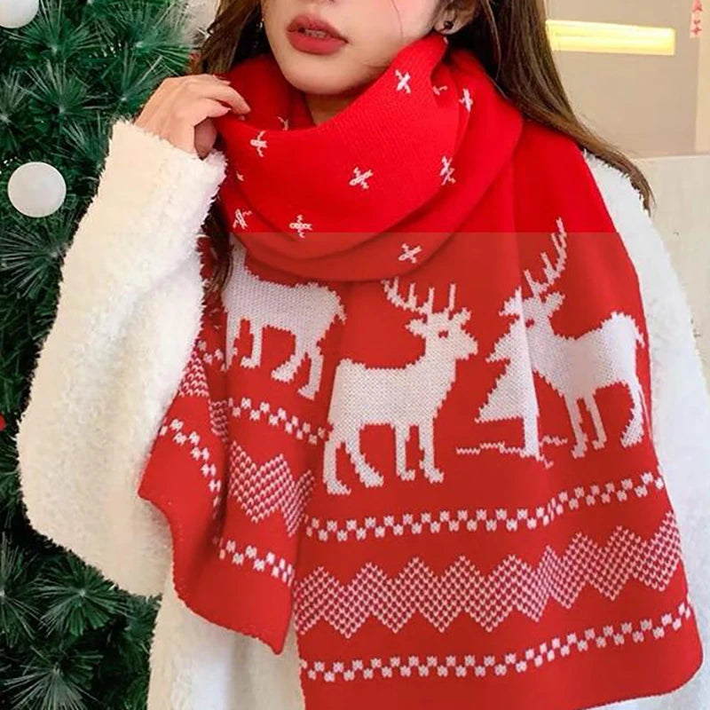 Christmas Scarf for Women Men Cute Deer Elk Knitted Scarves Winter Warm Woolen Shawl Girls Christmas Present