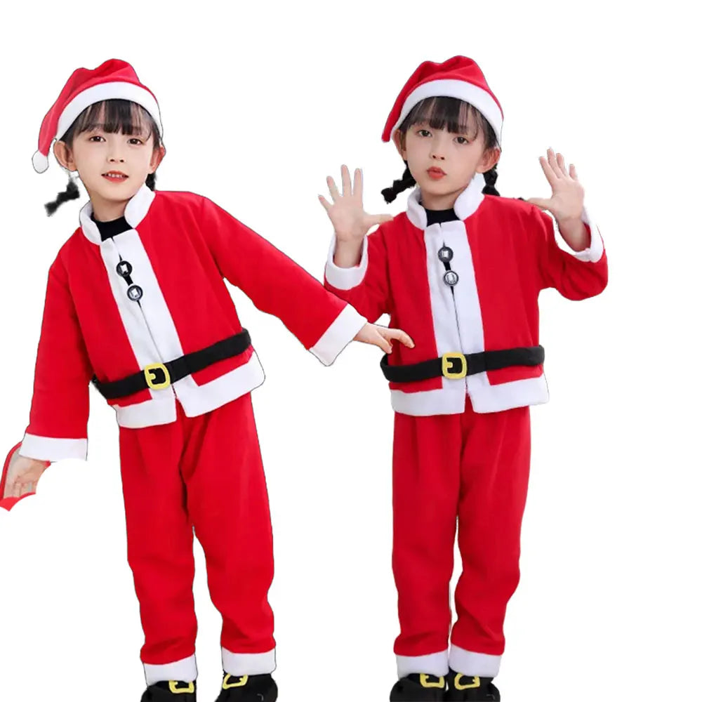 Winter Kids Warm Christmas Party Costume Coat+Pants+Hat+Shoes Covers Boys and Girls Santa Claus Role Play Outfit Xmas Clothing