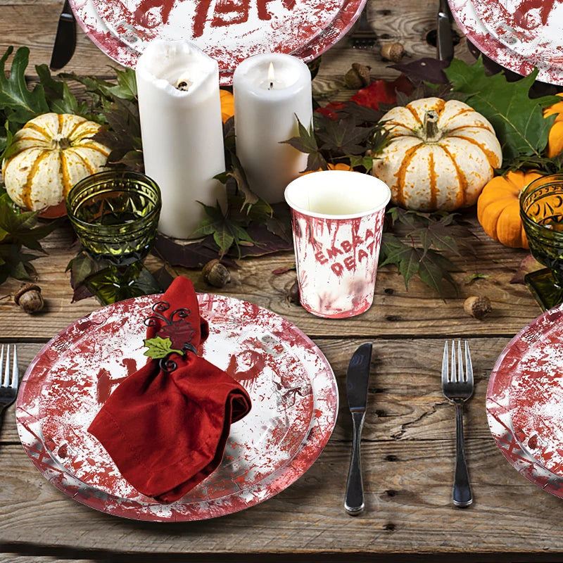 Halloween Party Disposable Tableware Scary Bloody Handprint Paper Plates Cups Popcorn Box For Halloween Horror Party Decor Props