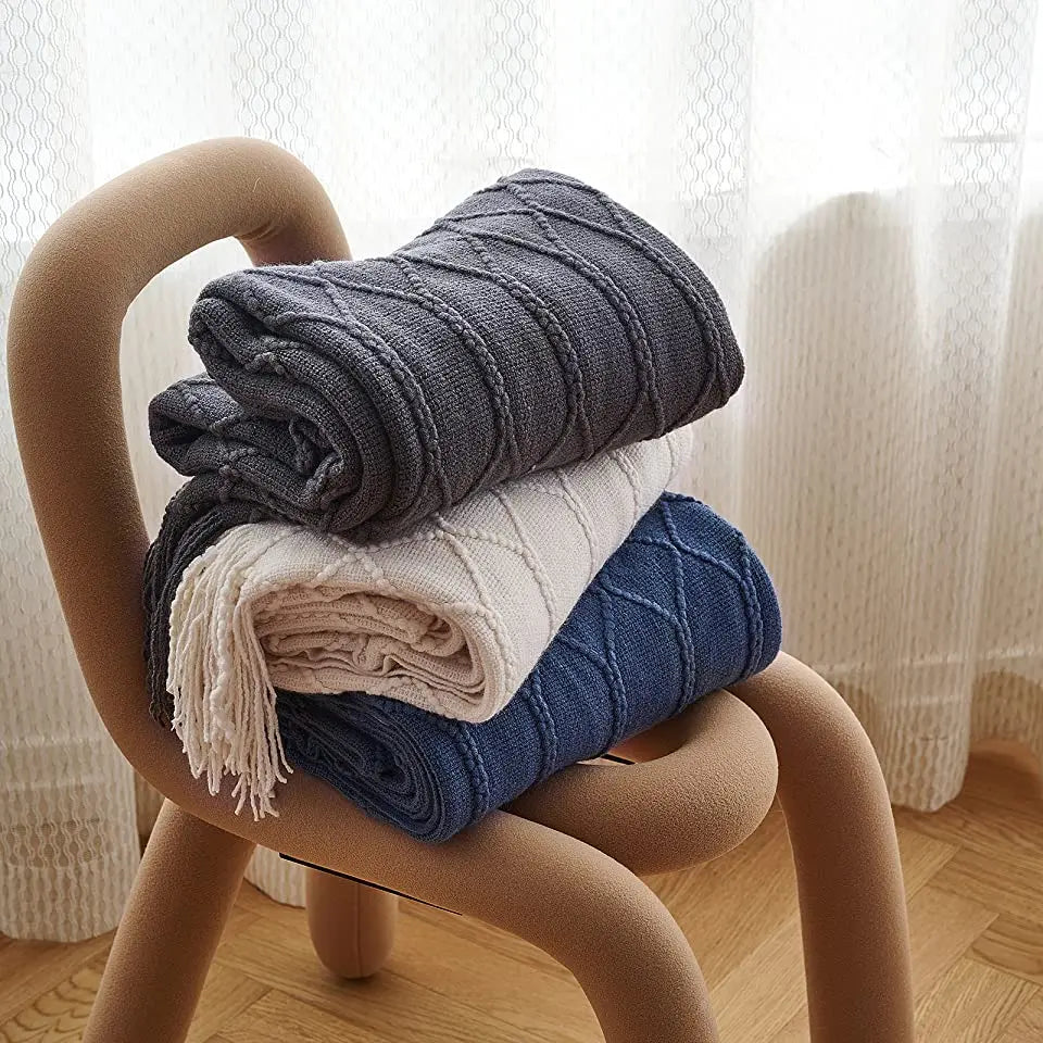 Khaki Gift Knitted Blanket with Tassels Chunky Vintage Luxury Farmhouse Throw Bedspread Oversized Blanket Cover Manta Para Sofá