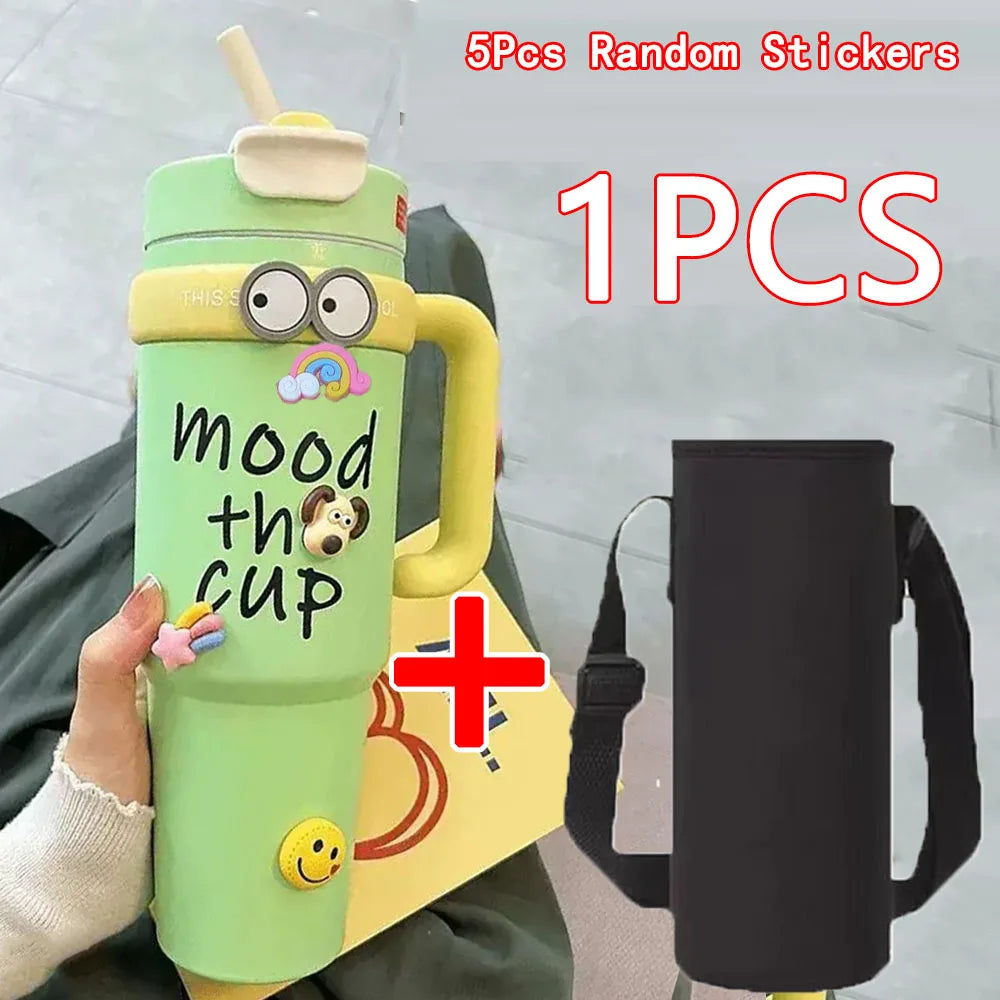 1000ML Thermal Water Bottle 32oz Large Capacity With Straw Stainless Steel Thermos Bottle Cold and Hot Thermos Cup