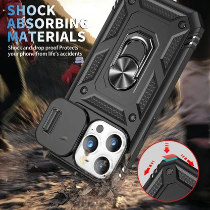 Luxury Slide Camera Lens Protection Armor Case for iPhone 17 16 15 14 Plus 13 12 Pro Max Military Grade Bumpers Metal Ring Cover