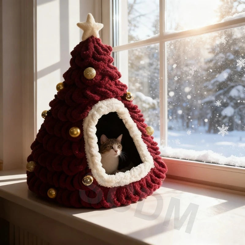 Winter Christmas Tree Cat Nest Handmade /Finished Cat Bed /Winter Warmth Semi Enclosed Dog Nest Felt Cone Pet House 크리스마스 고양이 굴