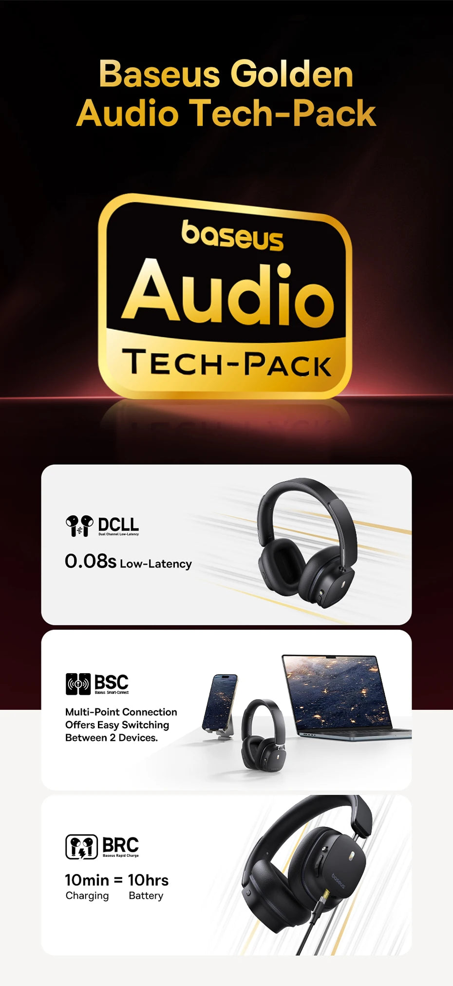 Baseus Bowie 30 Max Bluetooth Headphones 45dB Noise Cancellation Hi-res LDAC Over Ear Headset 3D Spatial Audio Wireless Earphone