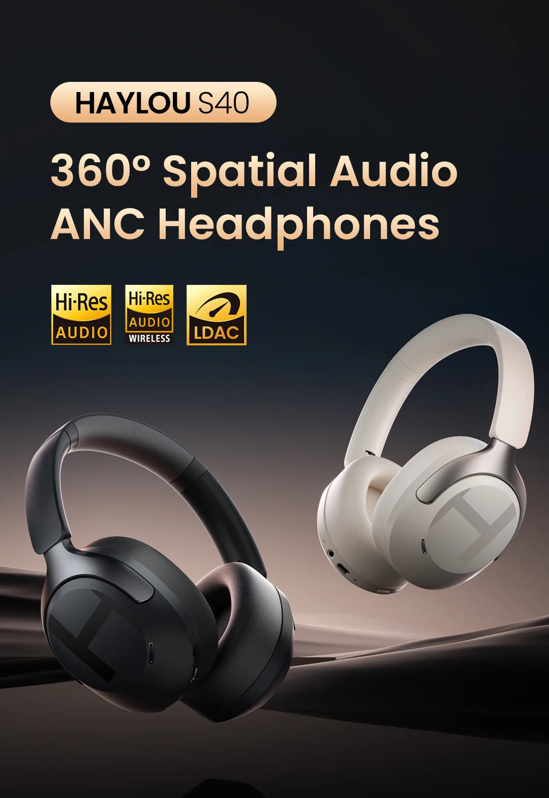 HAYLOU S40 ANC Wireless Headphone 50dB Noise Canceling Hi-Res 3D Spatial Audio Earphone with LDAC Bluetooth 6.0 Over Ear Headset