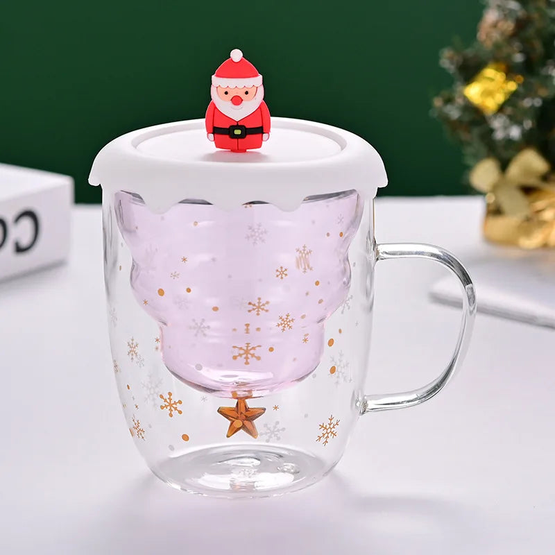 Christmas Tree Cup Transparent Double Heat Resistant Creative Couples Mug Snowflake Drinking Glass Children's Gift Coffee Cups