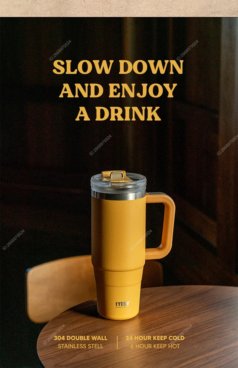 Tyeso 900/1200ML Tumbler Bottle Stainless Steel Car Mug With Handle Straw Thermal Iced Travel Vacuum Insulated Coffee Hot Cup