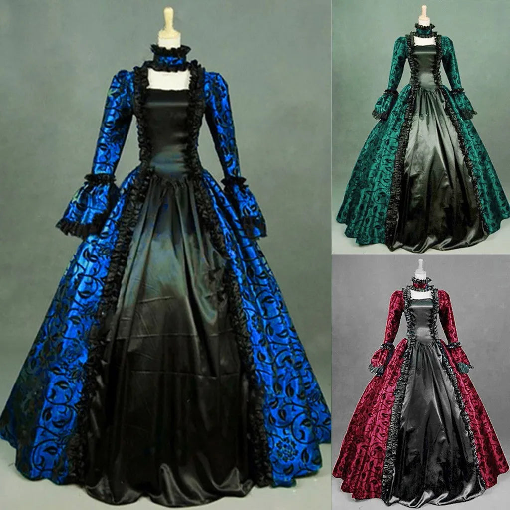 Women Vintage Exquisite Dress Gothic Retro Floral Print Ball Gowns Dress Medieval Renaissance Court Dress Halloween Costume