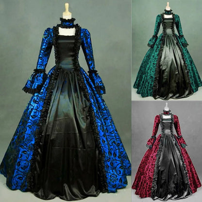 Women Vintage Exquisite Dress Gothic Retro Floral Print Ball Gowns Dress Medieval Renaissance Court Dress Halloween Costume