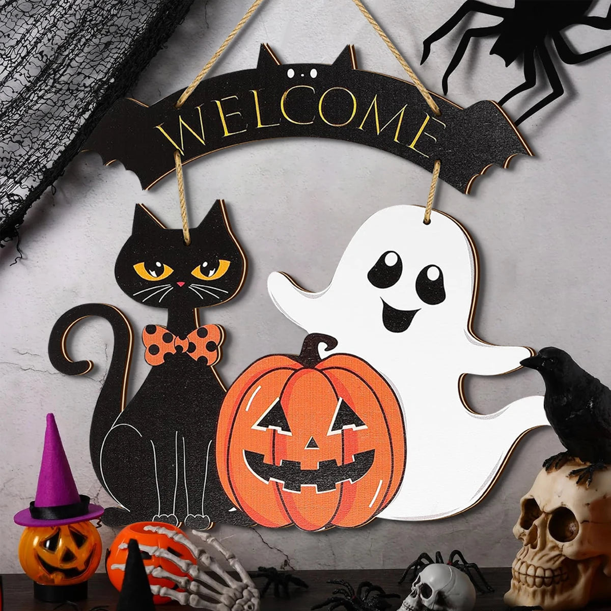 Halloween Decorative Wooden Sign with Black Cat, Pumpkin and Ghost - "Welcome" Design for Door Hanging