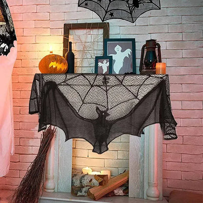 Halloween Decoration Bats Tablecloth Black Lace Spider Web Curtains for Lampshade Fireplace Halloween Party Decor Horror Props