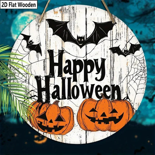 Happy Halloween Wooden Welcome Sign - 2D Flat Ghost Bat & Pumpkin Decor for Porch/Garden, No Battery Indoor/Outdoor Hanging