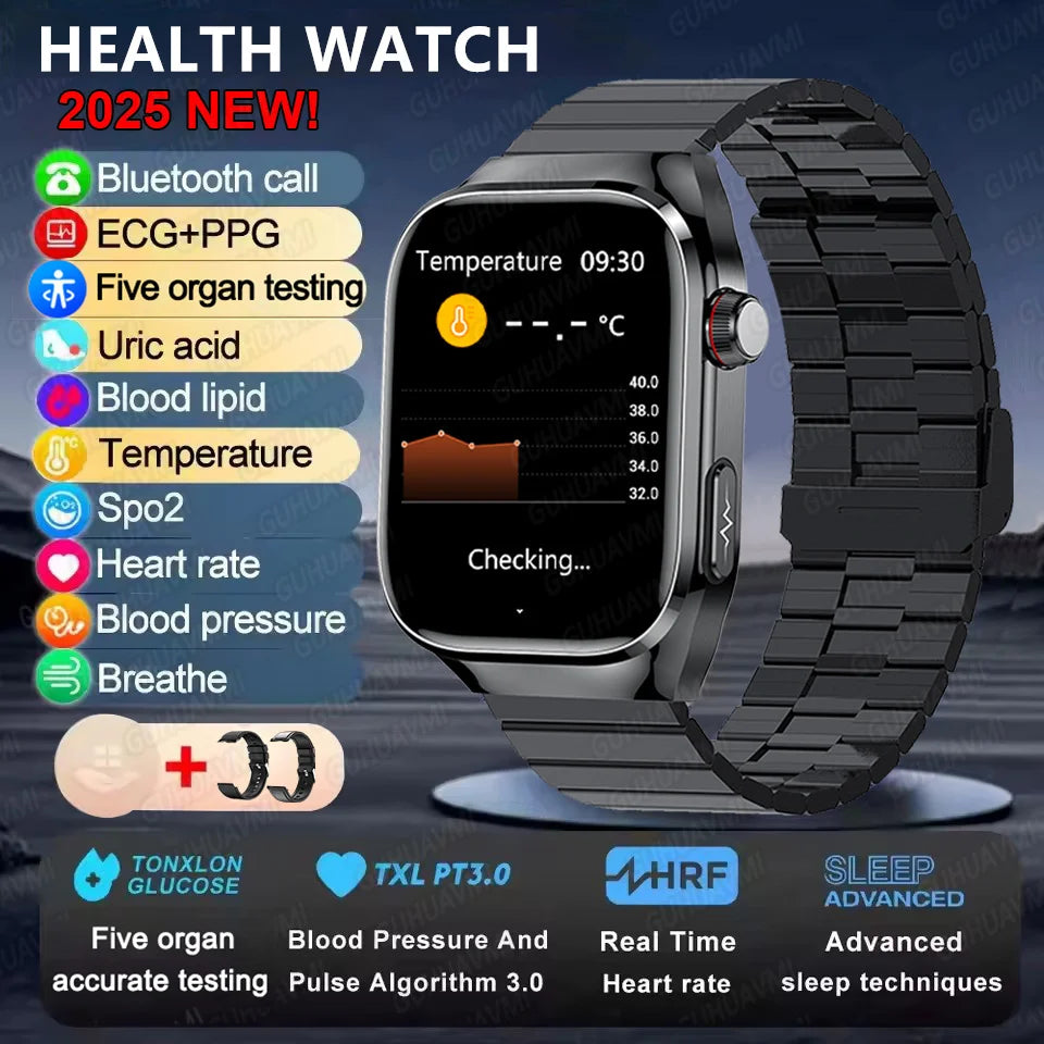 2025 New ECG+PPG Accurate Measure Heart Rate Smart Watch Men Blood Pressure Lipids Uric Acid Bluetooth Call Health Smartwatches