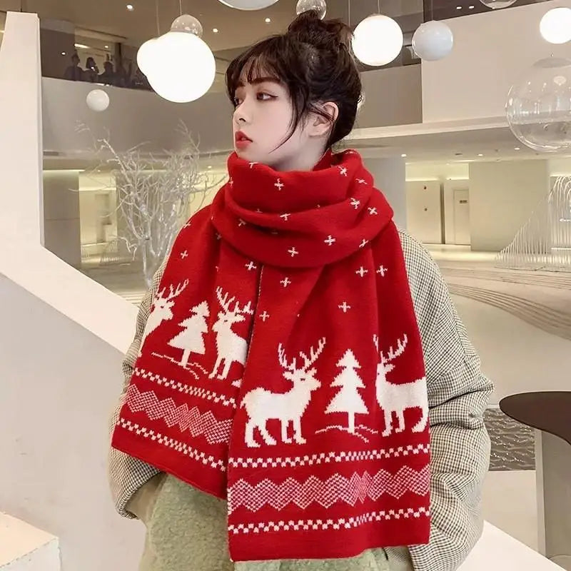 Christmas Atmosphere Santa Claus Knitted Red Scarf For Women New Style Warm Neck Protection Knitted Scarf Versatile Shawl
