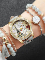 5Pcs/Set Fashion Women's Watch European and American Classic Retro Quartz Watch with Exquisite Beaded Bracelet Set