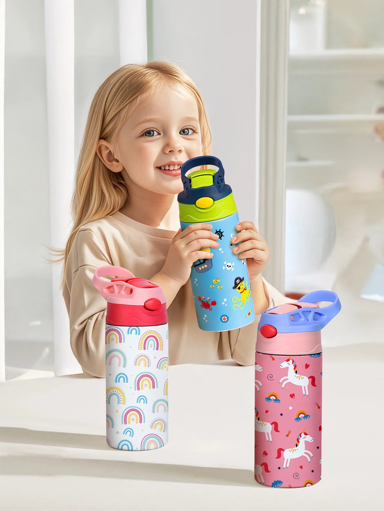 12OZ/350ml Cartoon Pattern Thermos Cup Stainless Steel Insulated Bottle Children Thermos Kettle Outdoor Portable Handheld Cup