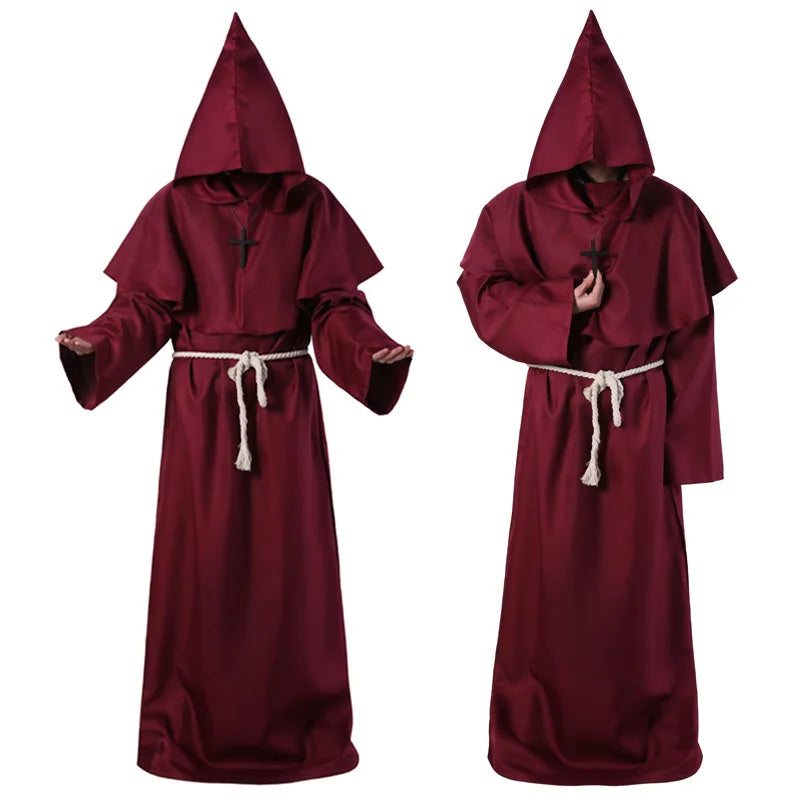 Adult Medieval Wizard Robe with Hood Halloween Priest Costume Gothic Cloak for Cosplay Performance Includes Belt and Cross