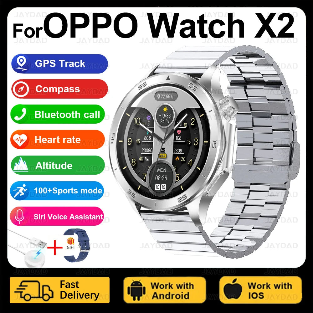 2025 New For OPPO Watch X2 Smart Watch Men AMOLED Outdoor Fashion GPS Compass Heart rate Waterproof Bluetooth Call Smartwatches