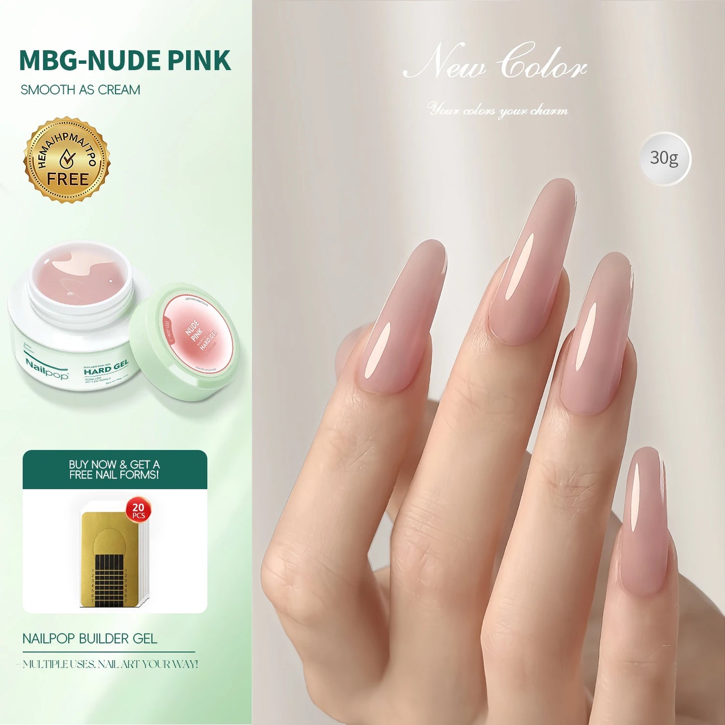 Nailpop HEMA-FREE Builder Gel 30g for Nail Extension Milky Smooth Clear/Pink Long Lasting Quick Building Soak Off UV Nail Gel