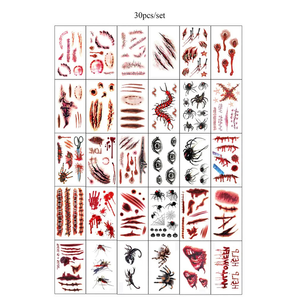 30pcs Waterproof Halloween Tattoo Stickers Bleeding Wound Scar Temporary Tattoos for Women Men Fake Tattoo For Halloween Party