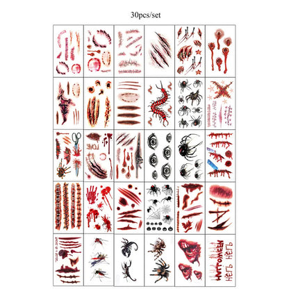 30pcs Waterproof Halloween Tattoo Stickers Bleeding Wound Scar Temporary Tattoos for Women Men Fake Tattoo For Halloween Party