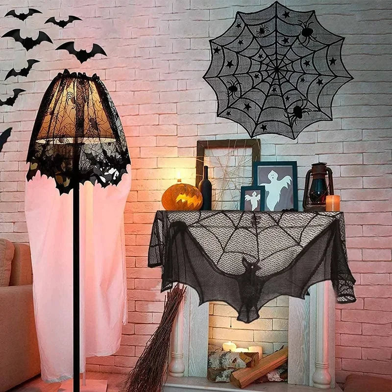 Halloween Decoration Bats Tablecloth Black Lace Spider Web Curtains for Lampshade Fireplace Halloween Party Decor Horror Props
