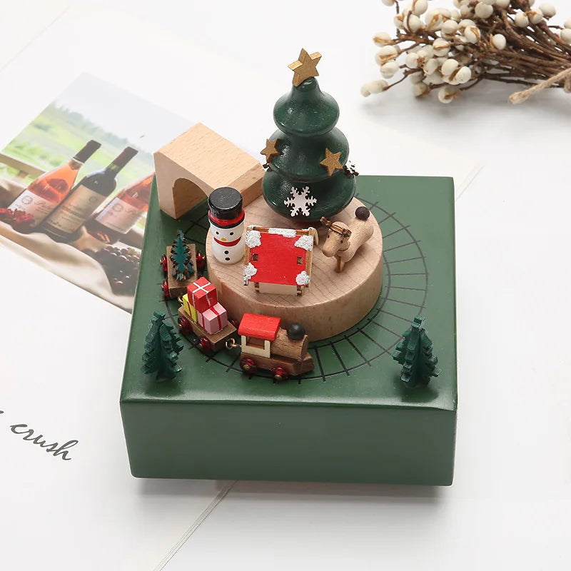 Creative Wooden Christmas Deer  Snowman Train  Music Box Handmade  Carousel Toy  Decoration Gift For Kids